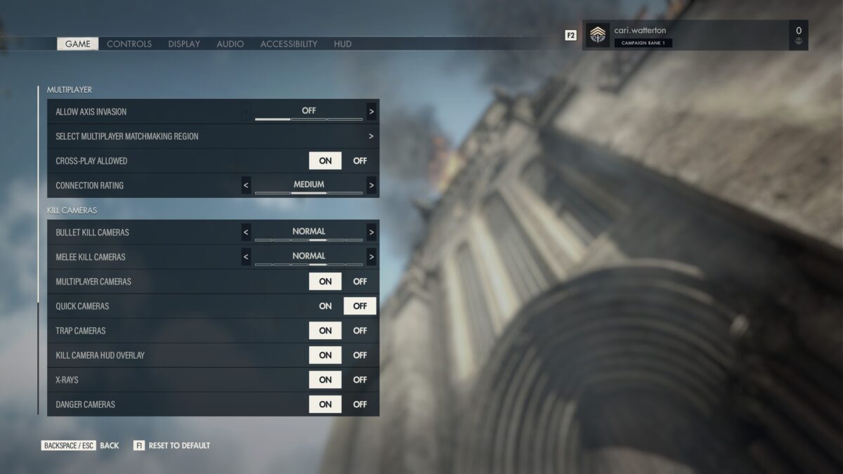 The Sniper Elite 5 Options Menu. In the Game tab, the “Multiplayer” and “Kill Cameras” sub-sections are visible.