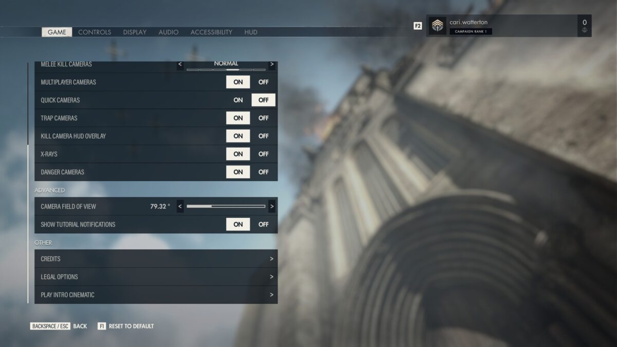 The Sniper Elite 5 Options Menu. In the Game tab, the “Advanced” and “Other” sub-sections are visible.