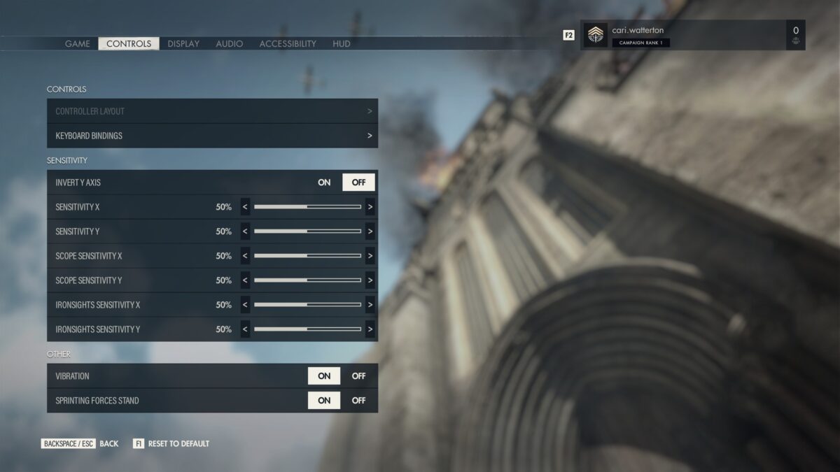 The Sniper Elite 5 Options Menu. In the Controls tab, the “Controls”, “Sensitivity” and “Other” sub-sections are visible.