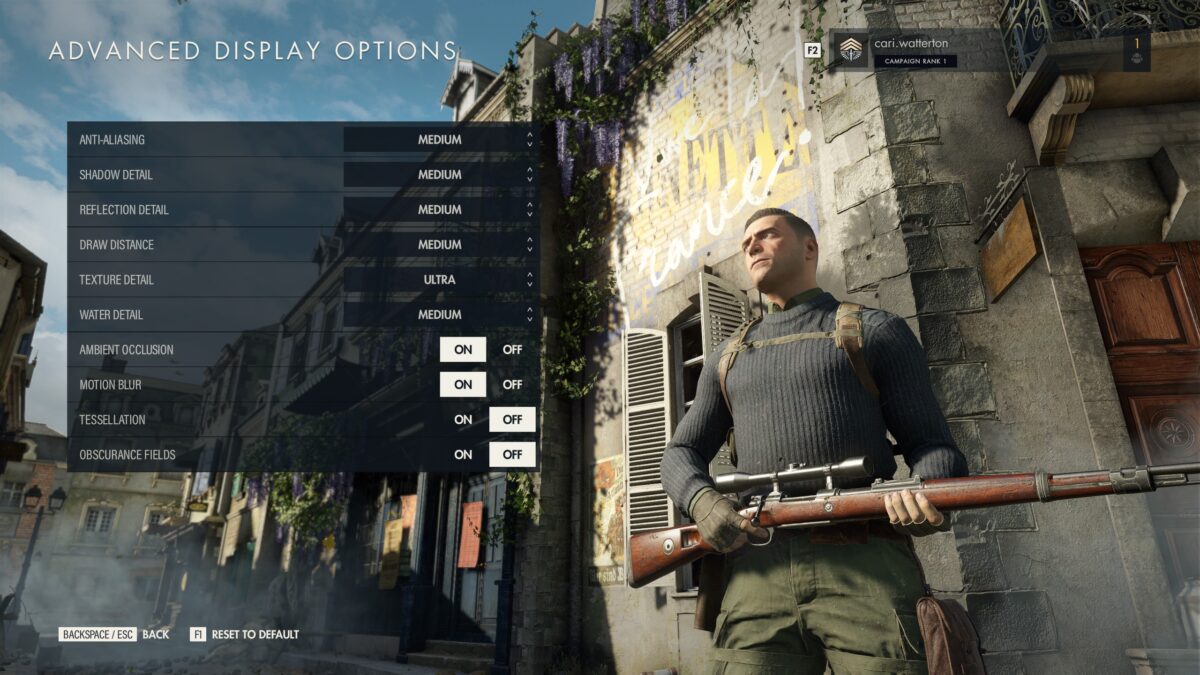 The Sniper Elite 5 Advanced Display Options Menu. On the right is a preview of Karl in an environment to preview setting changes.