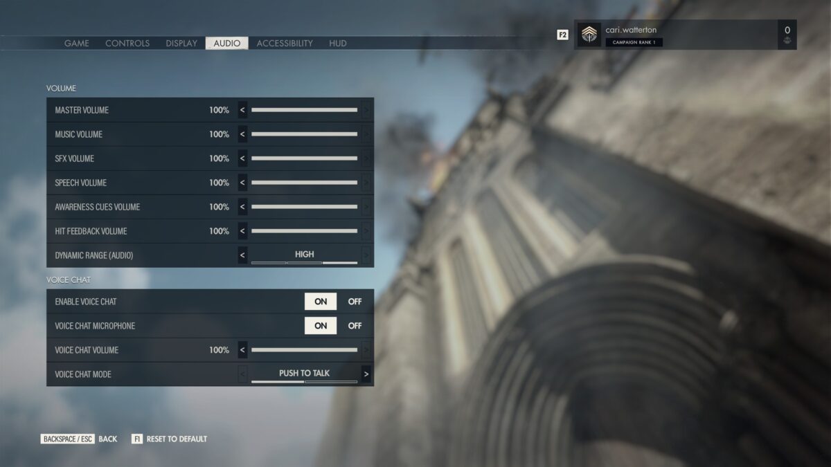 The Sniper Elite 5 Options Menu. In the Audio tab, the “Volume” and “Voice Chat” sub-sections are visible.