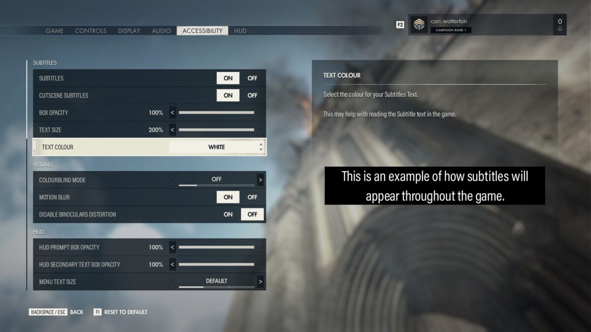 The Sniper Elite 5 Options Menu. In the Accessibility tab, the “Subtitles”, “Visuals” and “HUD” sub-sections are visible. The Subtitles Text Colour option is selected. On the right is a preview of the subtitles.