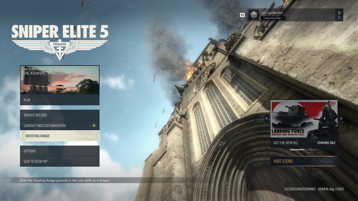 Screenshot of the Sniper Elite 5 Front Menu. The "Shooting Range" option is selected.