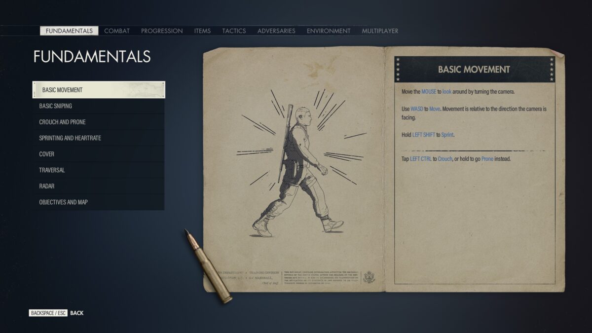 The Sniper Elite 5 Tutorials Menu. In the Fundamentals tab, “Basic Movement” is selected. On the right side of the screen is a graphic that looks like a two-page spread of a manual. The left page has a drawing of Karl walking, and the right page has the title “Basic Movement” with the following text: Move the Mouse to look around by turning the camera. Use WASD to Move. Movement is relative to the direction the camera is facing. Hold Left Shift to Sprint. Tap Left Control to Crouch or hold to go Prone instead.