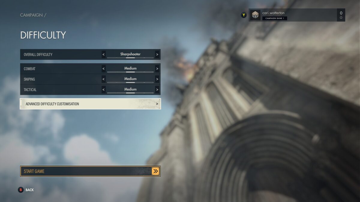 The Sniper Elite 5 Difficulty Menu. The “Overall Difficulty” slider is at the top, underneath it breaks down three major sections of gameplay: Combat, Sniping and Tactical. The Advanced Difficulty Customisation is at the bottom of the list.