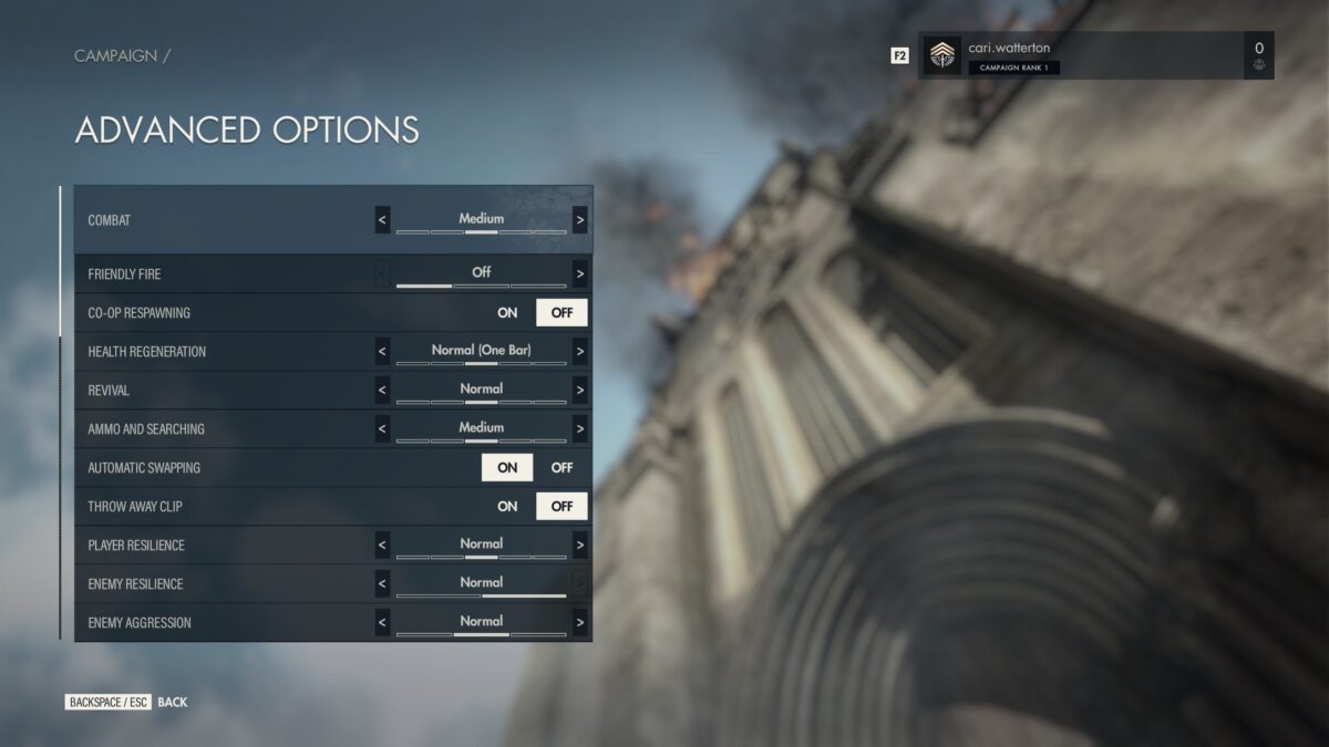 The Sniper Elite 5 Advanced Difficulty Menu. The beginning of the “Combat” section is visible.