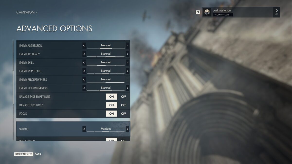 The Sniper Elite 5 Advanced Difficulty Menu. The end of the “Combat” section is visible.