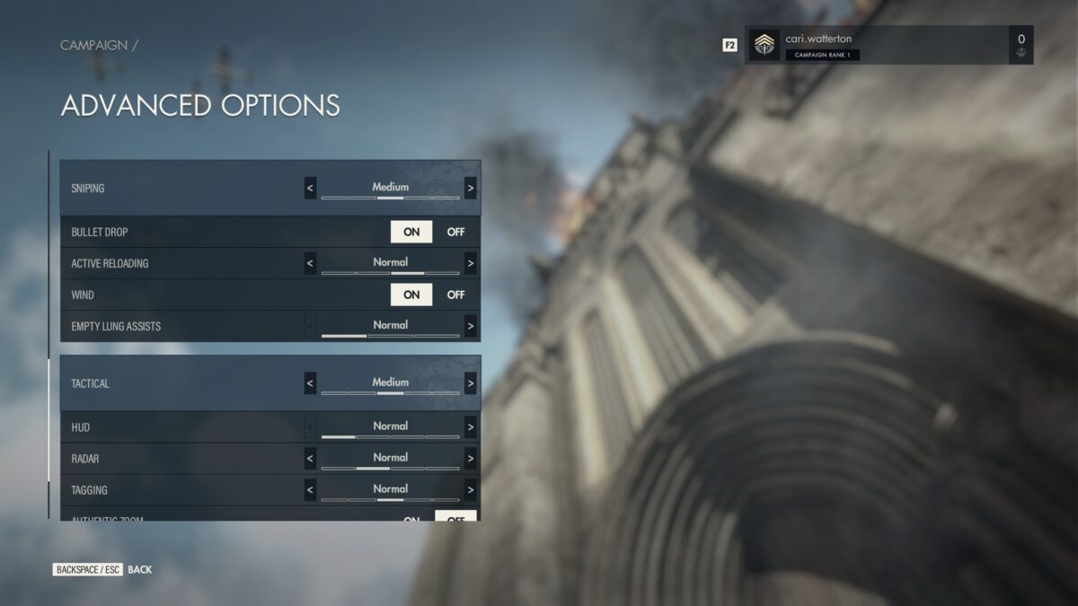 The Sniper Elite 5 Advanced Difficulty Menu. The “Sniping” section is visible.