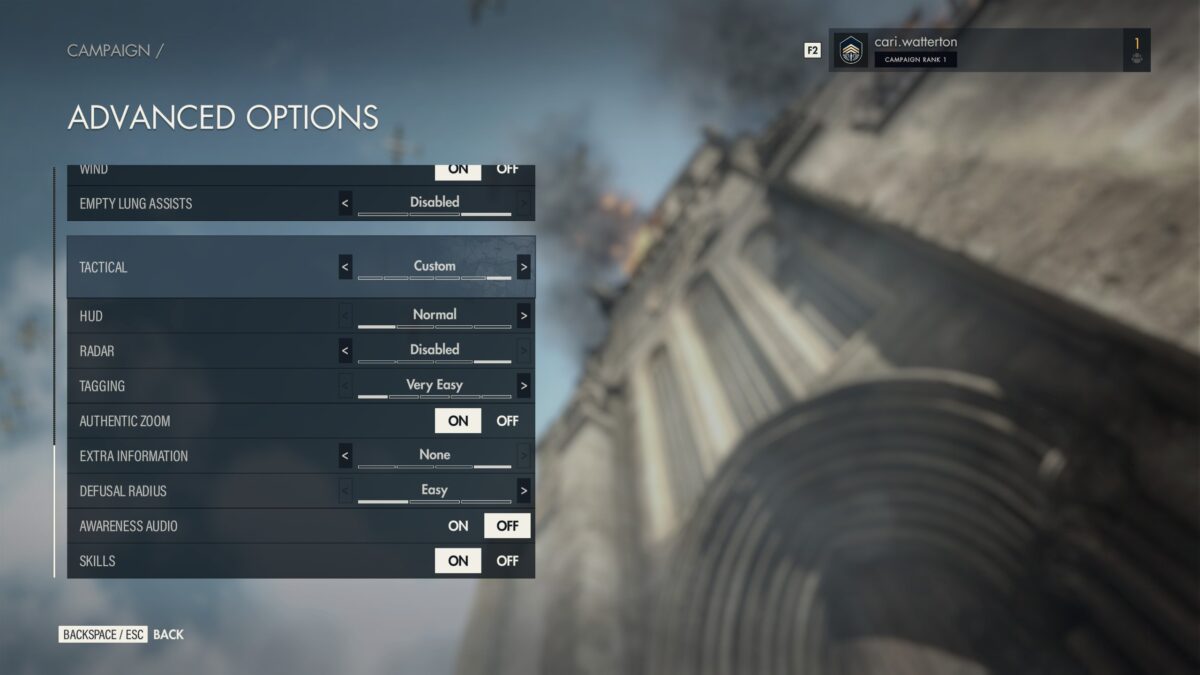 The Sniper Elite 5 Advanced Difficulty Menu. The “Tactical” section is visible.