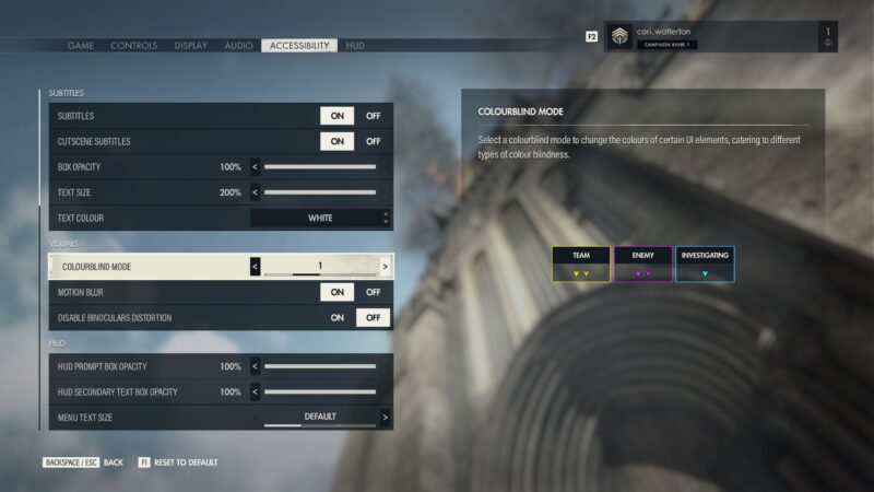 The Sniper Elite 5 Options Menu. In the Accessibility tab, the “colourblind mode” is selected. It is set to “1”. On the right is a preview of the colours, Team is Yellow, Enemy is Purple and Investigating is Teal.