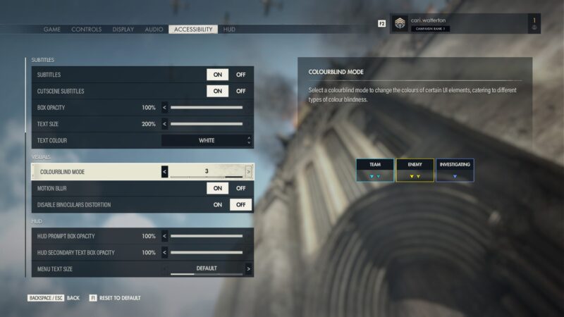 The Sniper Elite 5 Options Menu. In the Accessibility tab, the “colourblind mode” is selected. It is set to “3”. On the right is a preview of the colours, Team is teal, Enemy is yellow and Investigating is royale blue.