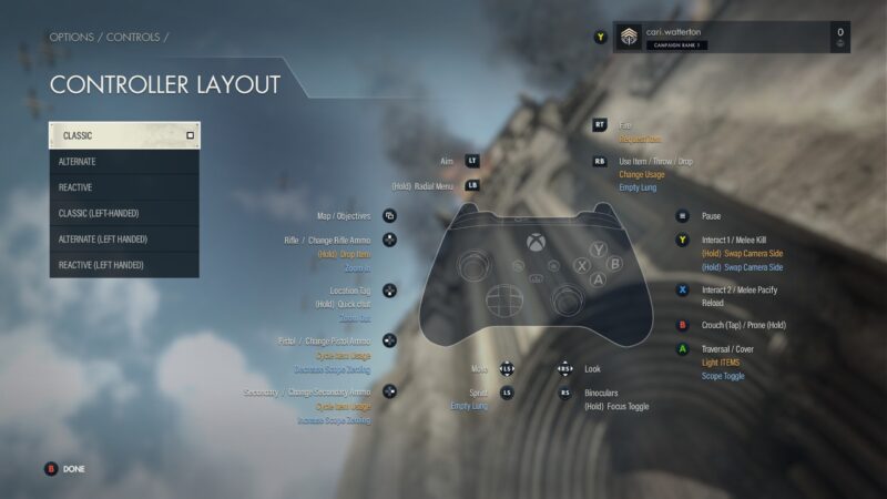 The Sniper Elite 5 Controller Layout Menu. “Classic” layout is selected.
