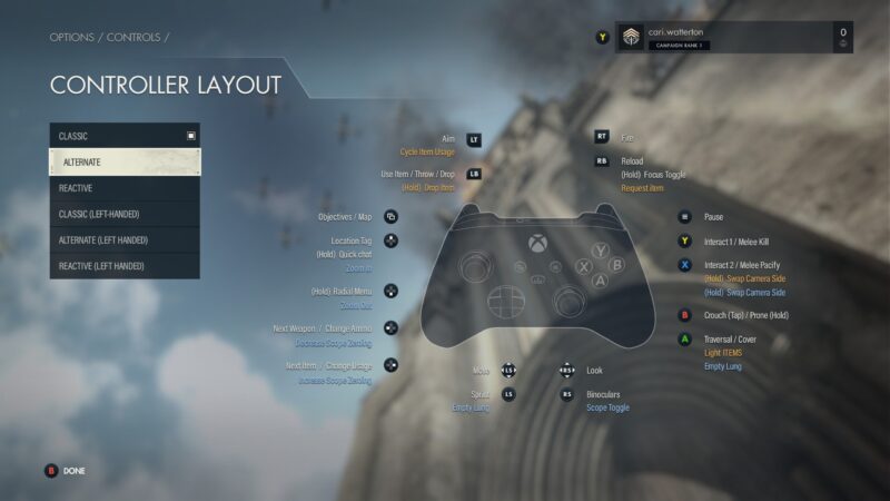 The Sniper Elite 5 Controller Layout Menu. “Alternate” layout is selected.