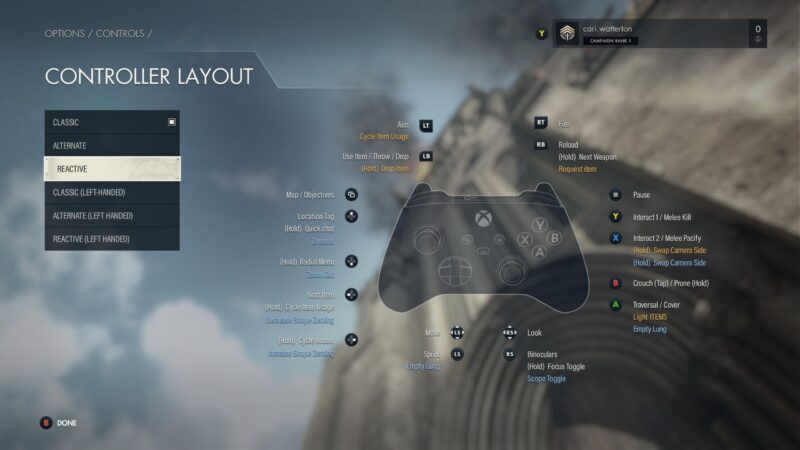 The Sniper Elite 5 Controller Layout Menu. “Reactive” layout is selected.