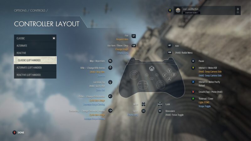 The Sniper Elite 5 Controller Layout Menu. “Classic Left-Handed” layout is selected.
