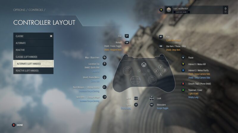 The Sniper Elite 5 Controller Layout Menu. “Alternate Left-Handed” layout is selected.