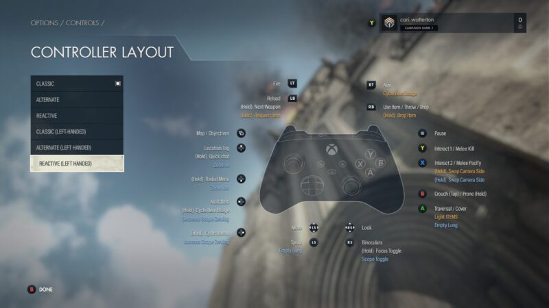 The Sniper Elite 5 Controller Layout Menu. “Reactive Left-Handed” layout is selected.