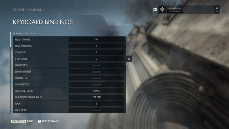The Sniper Elite 5 Keyboard Bindings Menu. The beginning of the “Movement & Looking” section is visible.