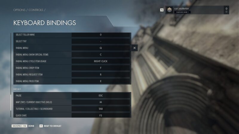 The Sniper Elite 5 Keyboard Bindings Menu. The end of the “Selecting Weapons & Items” section is visible.