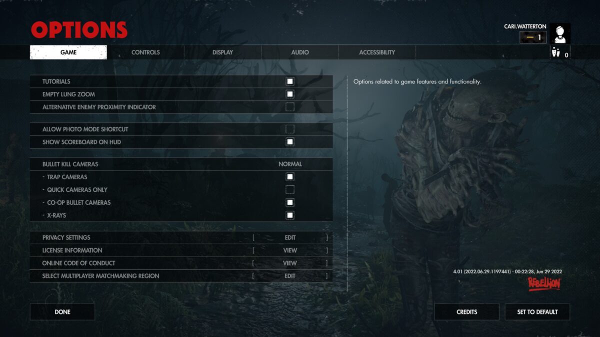 The Zombie Army 4 Options Menu. In the Game tab, options including tutorials, bullet kill cameras and license information are visible.  