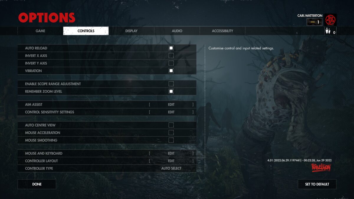 The Zombie Army 4 Options Menu. In the Controls tab, options including automatic reload, axis inversions, aim assist and control remapping are visible. 