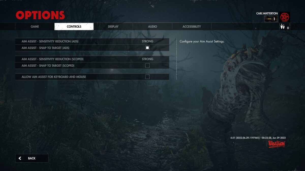 The Zombie Army 4 Aim Assist Options Menu. Options to adjust the aim assist sensitivity and snap to target of each sight is available, as well as the option for aim assist on keyboard and mouse. 