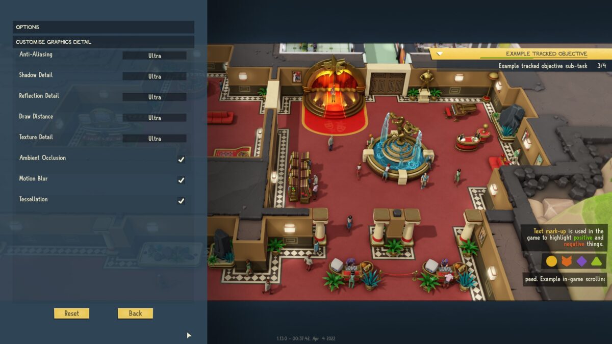 The Evil Genius 2 Customise Graphics Detail Menu. On the right is a preview of a Lair to preview setting changes.
