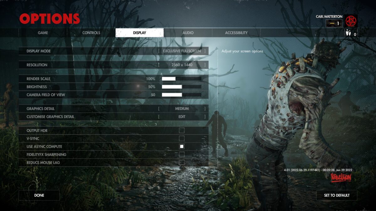 The Zombie Army 4 Options Menu on the Display tab. On the right is a preview of a zombie to preview setting changes. 