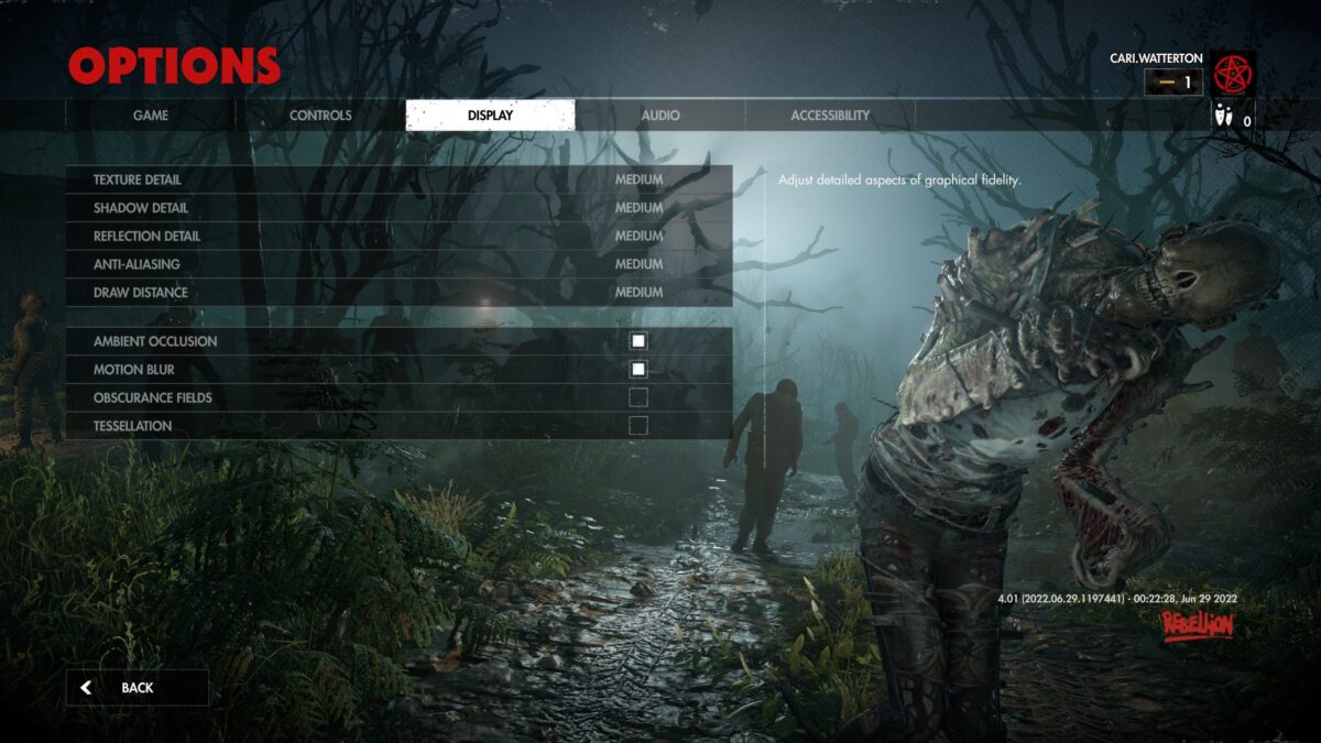 The Zombie Army 4 Options Menu on the Display tab. On the right is a preview of a zombie to preview setting changes.