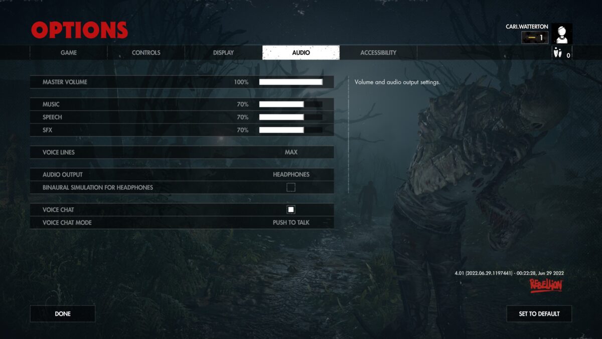 The Zombie Army 4 Options Menu Audio tab. 