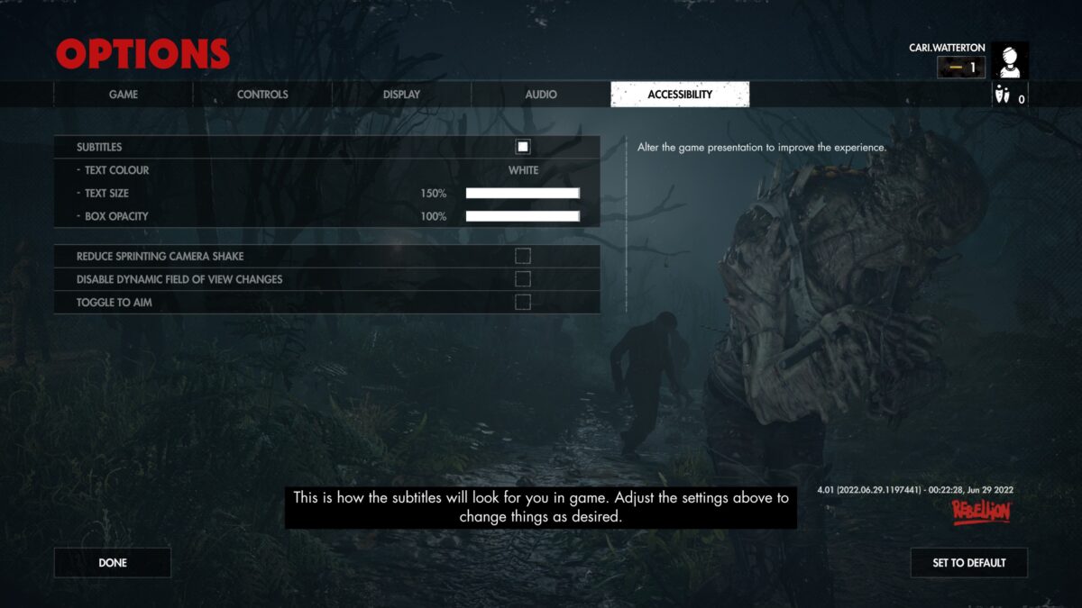 The Zombie Army 4 Options Menu Accessibility tab. At the bottom is a preview of the subtitles preview changes. 