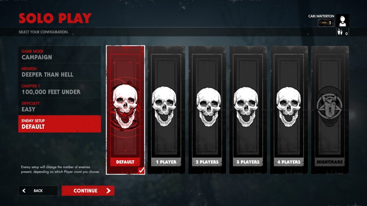 The Zombie Army 4 Enemy Setup Menu. The enemy setup is set to default, and blurb reads “Enemy setup will change the number of enemies present, depending on which Player Count you choose.” 