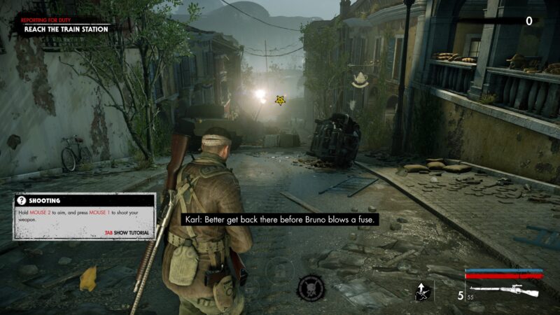 Screenshot of the Zombie Army 4 gameplay, showing an objective, tutorial pop up, waypoint marker and subtitles.