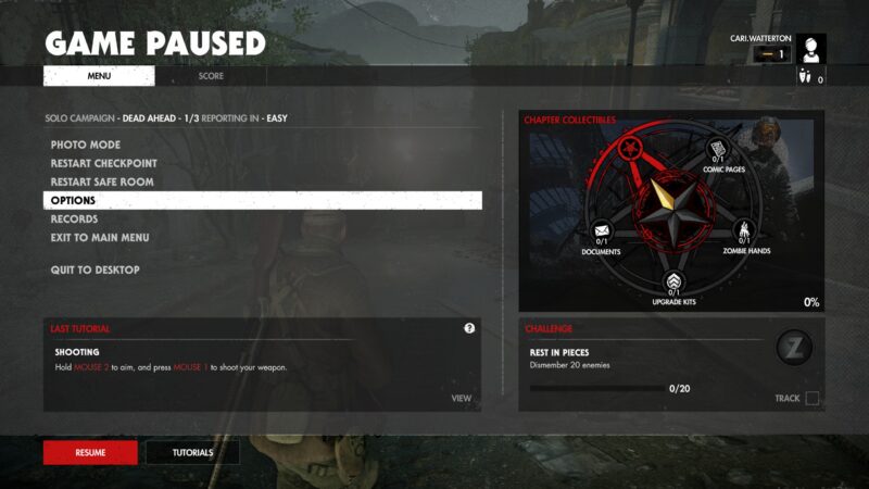 Screenshot of the Zombie Army 4 Pause Menu. The "Options" option is selected.
