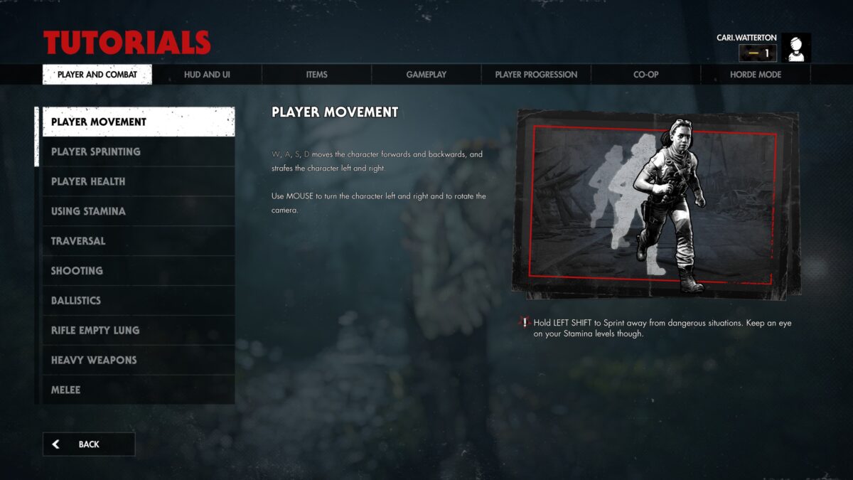 Screenshot of the Zombie Army 4 Tutorials Menu. In the Player and Combat tab, “Player Movement” is selected. On the right side of the screen is a graphic of a character moving, and the central section has the title “Player Movement” with the following text: WASD moves the character forwards and backwards and strafes the character left and right. Use Mouse to turn the character left and right and to rotate the camera.