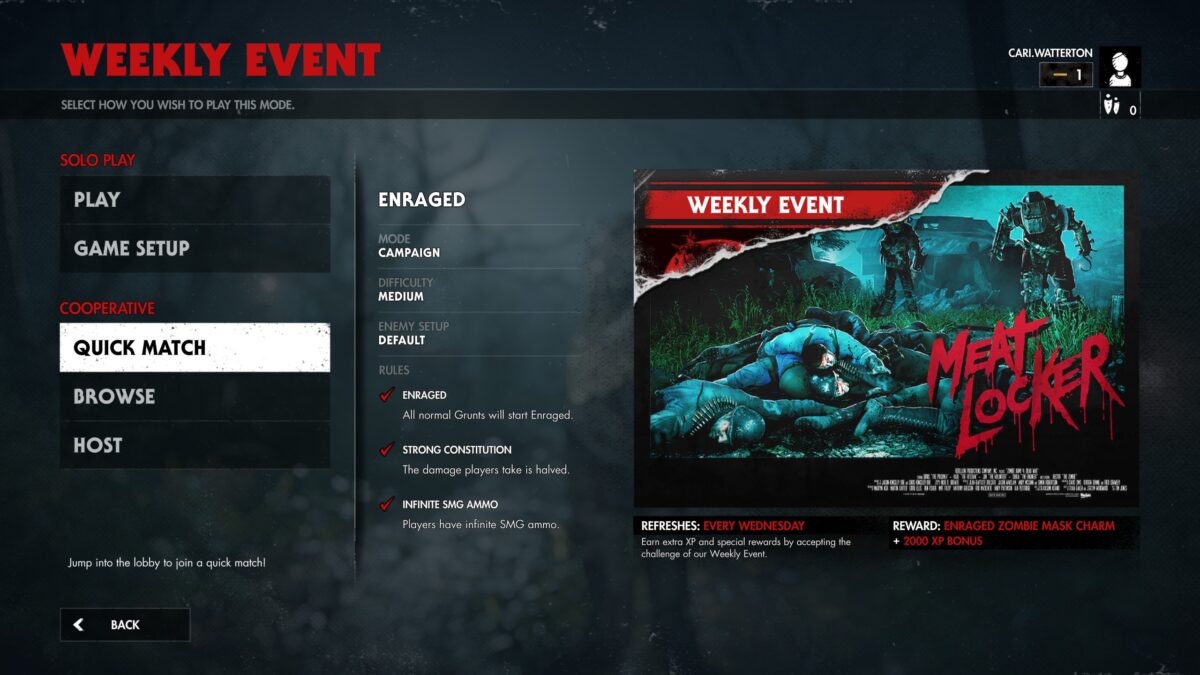 Screenshot of Zombie Army 4 Weekly Event launch menu. “Quick Match” is highlighted and the rule modifications for this event are listed; “All normal grunts will start enraged. The damage players take is halved. Players have infinite SMG ammo.”