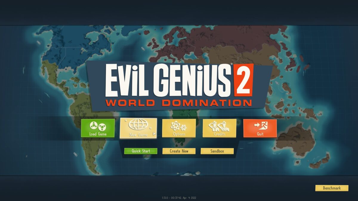 Screenshot of the Evil Genius 2 Start Menu. The “New Game” option is selected; below are the options “Quick Start”, “Create New” and “Sandbox”.