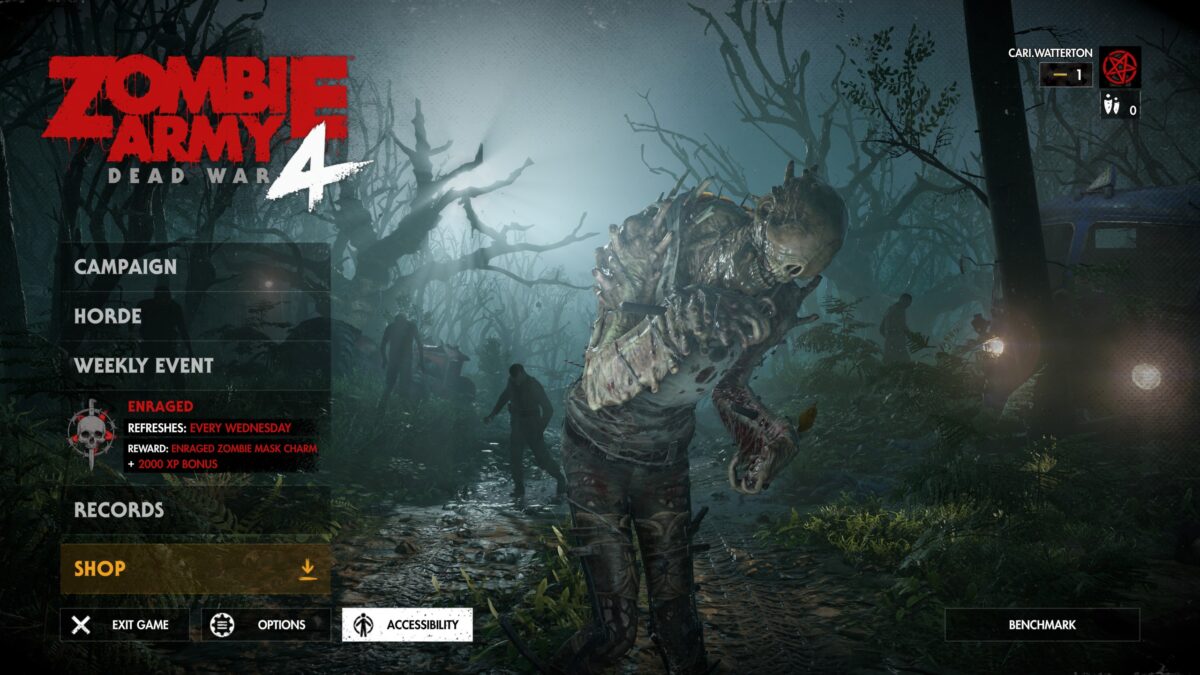 Screenshot of the Zombie Army 4 Start Menu. The “Accessibility” option is selected in the shortcut bar; on the main menu are the options “Campaign”, “Horde”, “Weekly Event” “Records” and “Shop”.