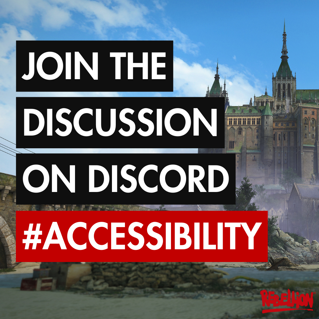 The text 'Join the discussion on Discord #Accessibility' sits on top of a visual of Sniper Elite 5's mission three, Spy Academy. The Rebellion logo appears in the bottom right. 