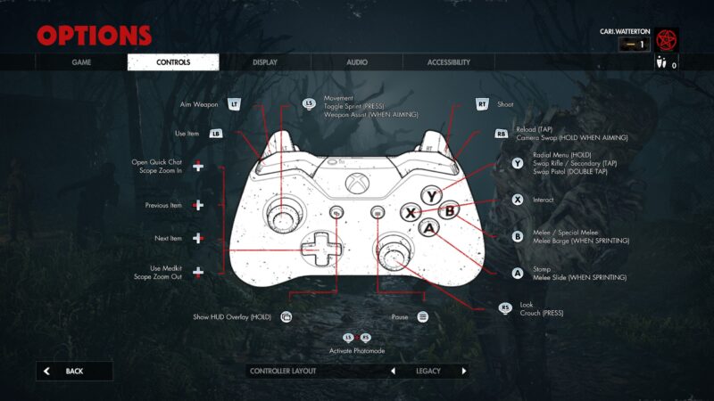 The Zombie Army 4 Controller Preset Menu. The Legacy controller map is visible.