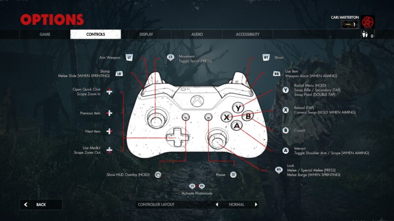 The Zombie Army 4 Controller Preset Menu. The Normal controller map is visible.