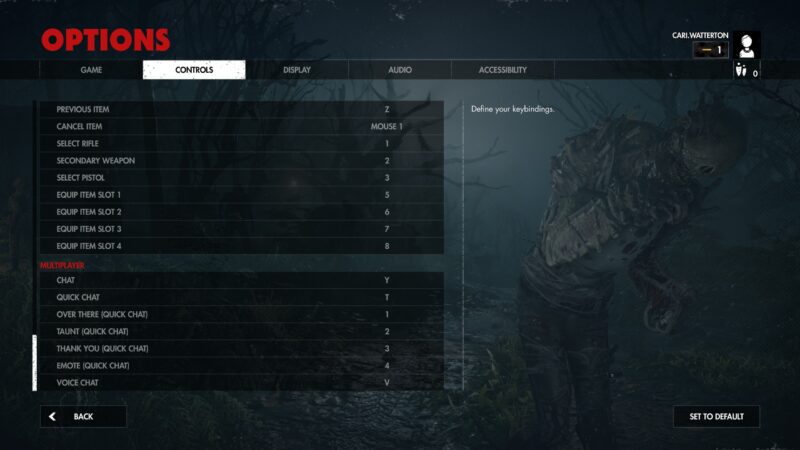 The Zombie Army 4 Keyboard Bindings Menu. The end of the input bindings list is visible.