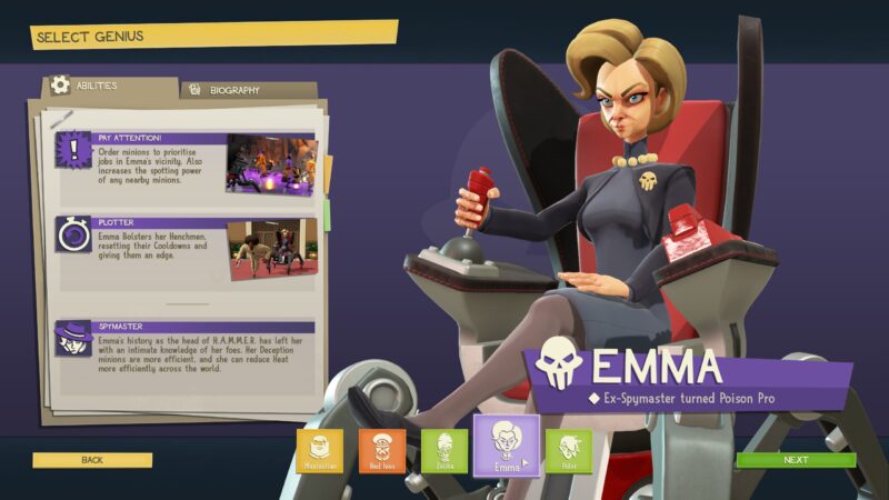 The Evil Genius 2 Genius Selection Menu. The current Genius is Emma, an ex-spymaster turned poison pro. She is a slim, older Caucasian woman with a sweeping blonde bob. She wears a slim-fitting dark grey skirt suit with gold skull pin and grey tights. She sits in a black and red mechanical chair controlling it with a mounted red joystick; the chair has four spider-like legs.