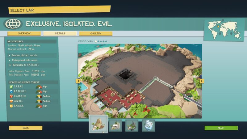 The Evil Genius 2 Lair Selection Menu. The current Lair is a tropical, beachy island in the North Atlantic Ocean. A panel on the left shows details about the Lair.