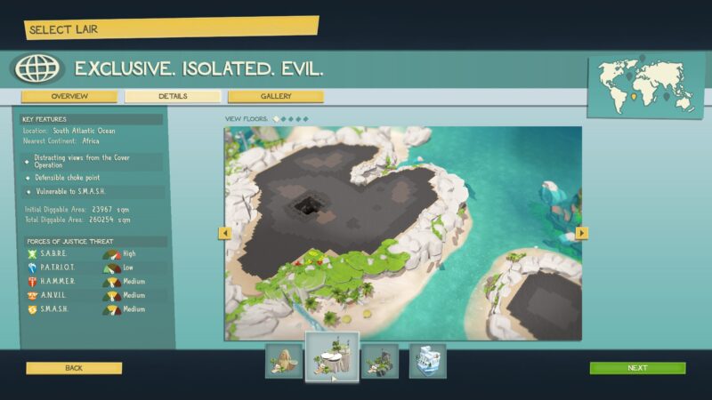 The Evil Genius 2 Lair Selection Menu. The current Lair is a tropical, oasis island in the South Atlantic Ocean. A panel on the left shows details about the Lair.