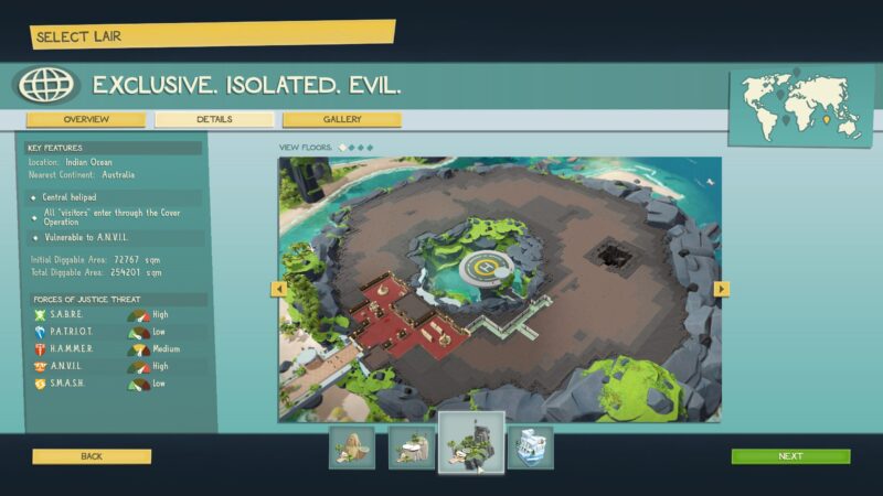 The Evil Genius 2 Lair Selection Menu. The current Lair is a tropical, rocky island in the Indian Ocean. A panel on the left shows details about the Lair.