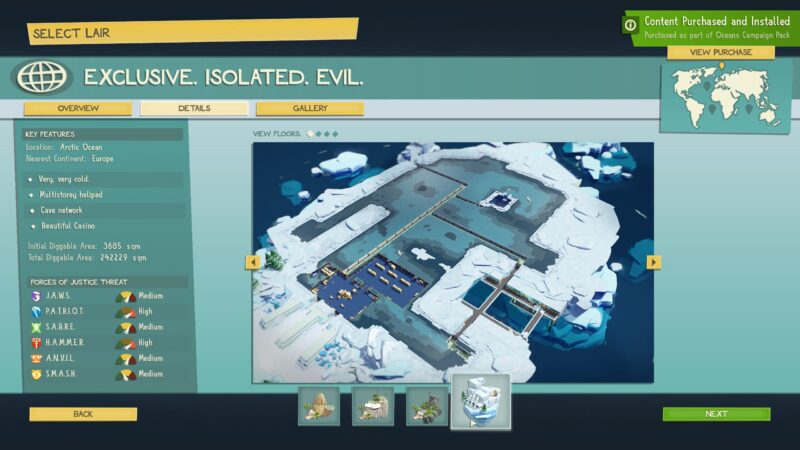 The Evil Genius 2 Lair Selection Menu. The current Lair is an icy island in the Arctic Ocean. A panel on the left shows details about the Lair.