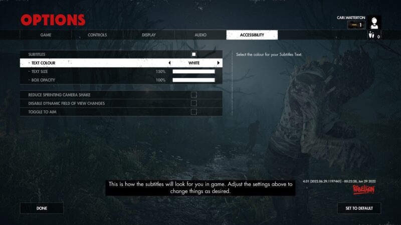 The Zombie Army 4 Options Menu. In the Accessibility tab, the “Subtitles Text Colour” is set to “White”. At the bottom of the screen is a preview of the subtitles in white at 150% size, on a solid black ground.