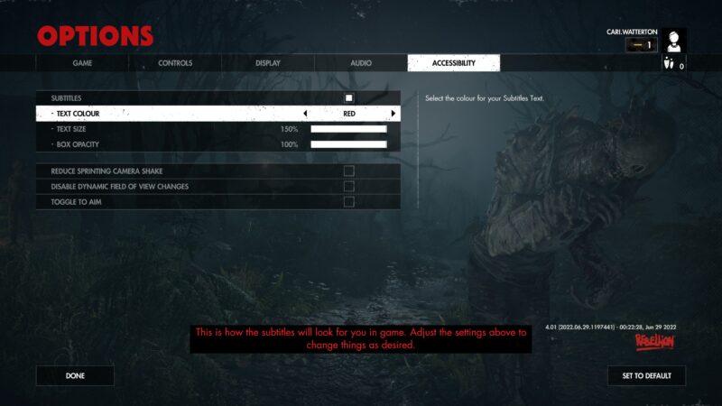 The Zombie Army 4 Options Menu. In the Accessibility tab, the “Subtitles Text Colour” is set to “Red”. At the bottom of the screen is a preview of the subtitles in red at 150% size, on a solid black ground.