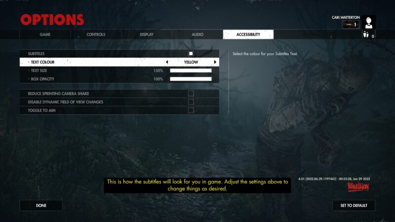The Zombie Army 4 Options Menu. In the Accessibility tab, the “Subtitles Text Colour” is set to “Yellow”. At the bottom of the screen is a preview of the subtitles in yellow at 150% size, on a solid black ground.